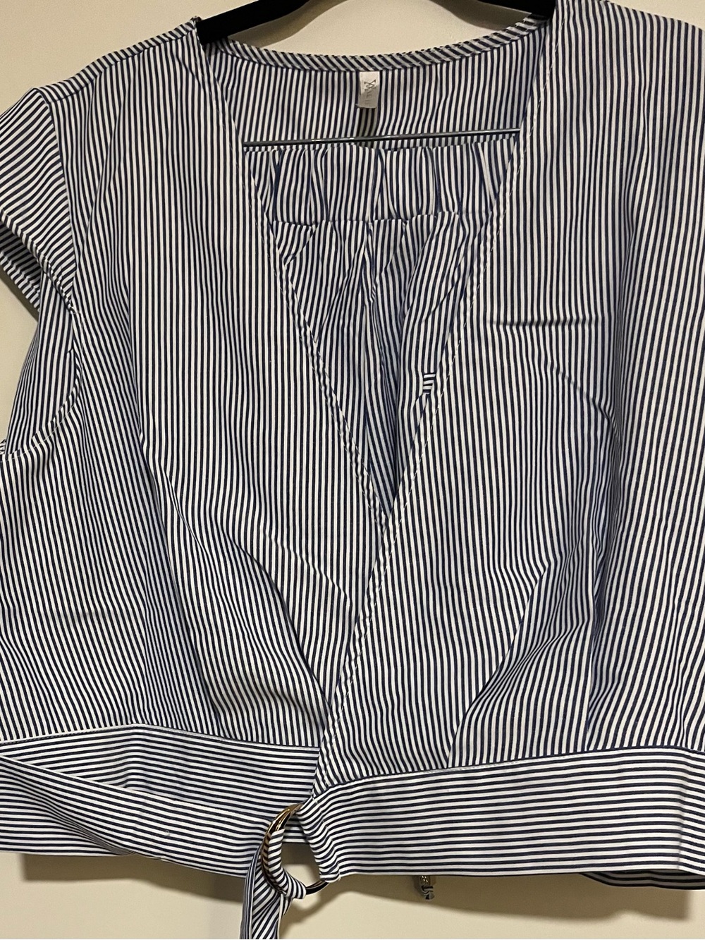 Striped Navy /White Shorts Set,Short Sleeve Double Breasted Shirt with Front Tie